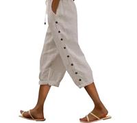 Gestreifte Hose Damen 3/4 Hosen Große Größen Freizeithose aus Leinengemisch Strandhose Trousers Lockere Passform mit Gummizug Baggy Stoffhose Leinenhose mit Taschen Sommerhosen