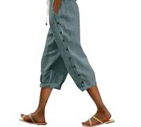 Gestreifte Hose Damen 3/4 Hosen Große Größen Freizeithose aus Leinengemisch Strandhose Trousers Lockere Passform mit Gummizug Baggy Stoffhose Leinenhose mit Taschen Sommerhosen