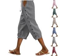 Gestreifte Hose Damen 3/4 Hosen Große Größen Freizeithose aus Leinengemisch Strandhose Trousers Lockere Passform mit Gummizug Baggy Stoffhose Leinenhose mit Taschen Sommerhosen