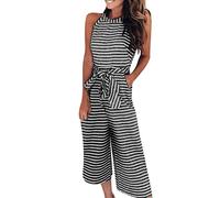 Gestreifte Jumpsuit Damen Sommer- Schulterfreies Overall Damen Tank Top, Einteiliger Hose Damen Weites Bein Ärmellose Straight Leg Playsuit Arbeitshose Streifen Romper Jumpsuits für Hochzeit Frauen