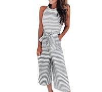 Gestreifte Jumpsuit Damen Sommer- Schulterfreies Overall Damen Tank Top, Einteiliger Hose Damen Weites Bein Ärmellose Straight Leg Playsuit Arbeitshose Streifen Romper Jumpsuits für Hochzeit Frauen