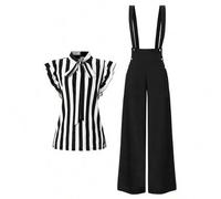 Gestreifte Rüschen-Schleife Bluse in Schwarz & Weiß + Retro Französisch Metall-Knopf Hochtaille Weite Bein Hose mit Hosenträger Set, Göttin-Stil für d