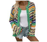 Gestreifter Damen-Pullover, lockere, farblich passende Knopf-Strickjacke in Regenbogenfarben Strickjacke Damen Reißverschluss (Green, L)