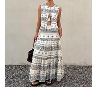 Gestreifter, floraler, geometrischer Muster Ärmellos Cardigan Top mit Bindedetail und fließender A-Linien Rock Set, elegant für Pendeln, Urlaub, Stran