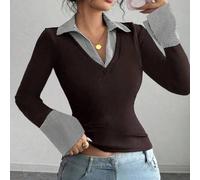 Gestreifter Muster Kontrast Damen einfaches V-Ausschnitt Polokragen Stretch Basis Slim Top Damen Lässig Club Business Lässig Konzert Büros Old Money S