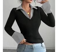 Gestreifter Muster Kontrast Damen einfaches V-Ausschnitt Polokragen Stretch Basis Slim Top Damen Lässig Club Business Lässig Konzert Büros Old Money S