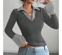 Gestreifter Muster Kontrast Damen einfaches V-Ausschnitt Polokragen Stretch Basis Slim Top Damen Lässig Club Business Lässig Konzert Büros Old Money S