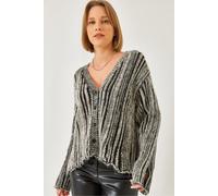 Gestreifter Rippstrick-Cardigan mit V-Ausschnitt S/M