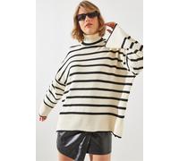 Gestreifter Rippstrick-Stehkragenpullover S/M