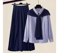 Gestreifter Schal & einfarbiger A-Linien Rock 2-teiliges Set in Große Größen, Lässig Outfit für den Alltag