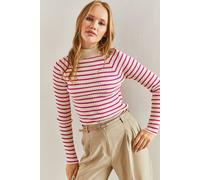 Gestreifter Stehkragen Rippstrickpullover S/M