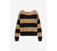 Strickpullover BONPRIX, Damen, Gr. 36/38 (S), beige (new beige, schwarz gestreift), Obermaterial: 50% Baumwolle, 50% Polyacryl, oversize, Pullover Strickpullover, aus Baumwolle und Polyacryl, mit U-Bo