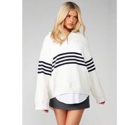 Gestreifter Strickpullover mit Reißverschlussausschnitt, Langarm Lässig Pullover für Winter und Herbst zum Layering