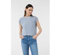 Gestreiftes Baumwoll-T-Shirt mit überschnittenen Schultern blau 36