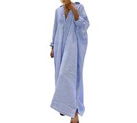 Gestreiftes Damen-Hemdkleid aus Baumwolle und Leinen lässige lockere Maxikleider Baumwolle und Leinen Hemdkleid Casual Lose Maxi Kleider
