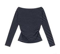 Gestreiftes Damen Strickshirt Langarm Off-Shoulder Slim(Black gray XL)