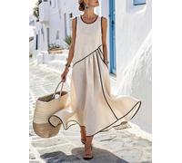 Gestreiftes Damenkleid, V-Ausschnitt, kurze Ärmel, elegantes Midi-Kleid, formelle Arbeit, Büro, Business-Kleider mit Taschen