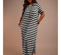 Gestreiftes gestricktes Jersey Maxi T-Shirt Kleid in Große Größen, lässiger Schnitt, entspannt und bequem, ideal für Reisen, Flughafen, Alltag, Sommer