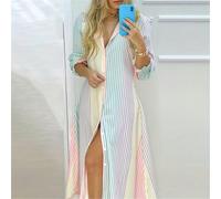 Gestreiftes Hemd mit Puffärmeln, Hemdkragen, aus Polyesterfaser, Mehrfarbig, Casual, Pendler, Frühling/Sommer, Neu, Einreihig, Gestreiftes Hemdkleid m