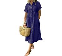 Gestreiftes Hemdkleid mit Revers, Knopfleiste und funktionalen Taschen, lässiges Sommerkleid, lockere Passform, Maxi-Hemdkleid, marineblau, M