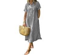 Gestreiftes Hemdkleid mit Revers, Knopfleiste und funktionalen Taschen, lässiges Sommerkleid, lockere Passform, Maxi-Hemdkleid, grau, S