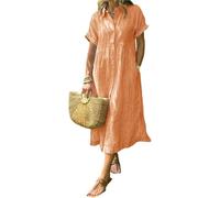 Gestreiftes Hemdkleid mit Revers, Knopfleiste und funktionalen Taschen, lässiges Sommerkleid, lockere Passform, Maxi-Hemdkleid, Orange, XL