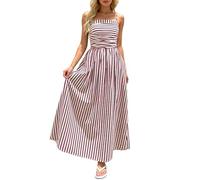 Gestreiftes Kleid Damen Swing-Patchwork Ärmellos Maxikleid Spaghettiträgern Fließend Sommerkleid Gesmokt Langes Freizeitkleid Blusenkleid Plisseekleid Corsagenkleid