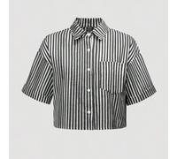 Gestreiftes kurzes Damen Lässiges Hemd mit umgeschlagenem Bund, Kurzen Ärmeln und Drop Shoulder, Leinen-Mix