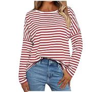 gestreiftes Langarmshirt Damen, Langarmshirt Damen Gestreift Langarm Rot Weiss Basic Y2k-Shirt Rundhals Tshirt Ringelshirt Oversize Bunt Sweatshirt Weit Elegant Oberteil Bluse