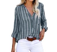Gestreiftes Leinenbluse Damen Langarm Knopfleiste Oberteile V-Ausschnitt Hemdbluse Tunika Longshirt Grosse Grössen Leinenoberteile Leinenbluse Tshirt Lose Elegant Pullover T Shirt Tops, Grau
