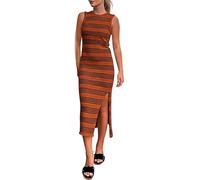 Gestreiftes Maxikleid Aus Strick für Damen Sommerkleid Figurbetont Lässig Ärmellos mit Cut-Outs Seitenschlitz Gestreift Lang für Urlaub Strand und Alltag Braun Größe M