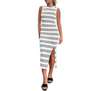 Gestreiftes Maxikleid für Damen Figurbetont Lässig Ärmellos mit Cut-Outs Seitenschlitz Gestreift Lang für Urlaub Strand und Alltag Weiß Größe L