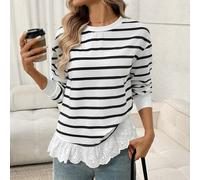 Gestreiftes Muster Guipure-Spitzen Saum Schulter-Drop Sweatshirt im Herbst/Winter Peplum Top