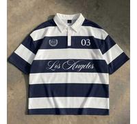 Gestreiftes Poloshirt mit Los Angeles-Aufdruck und kontrastierenden Schulterpartien, Kragen, Knopfleiste, Kurzarm, Regular Fit