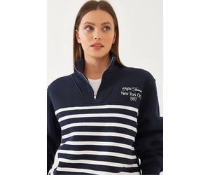 Gestreiftes Relaxed Fit Sweatshirt mit halbem Reißverschluss und Stickerei M