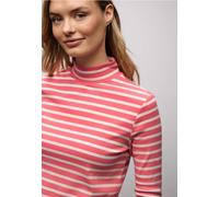 Langarmshirt STREET ONE, Damen, Gr. 40, rosa (striking coral), Web, 95% Baumwolle, 5% Elasthan, gestreift, normal normal, hoch geschlossener Ausschnitt, abgesteppt, Shirts Langarmshirt, mit Turtleneck