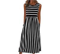 Gestreiftes Tankkleid für Damen, Sommer, lässig, Midi-Länge, ärmellos, Rundhalsausschnitt, hohe Taille, locker, fließend, langes Etuikleid, Strandurlaub, T-Shirt-Kleid, Sommerkleider mit Taschen,