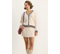 Gestreiftes V-Ausschnitt Knopf-Cardigan und Rock-Set S/M