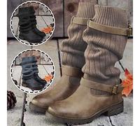 Gestrickte Stiefel Damen Gürtelschnalle Elegant Halbhohe Stiefels Schnürstiefel Mode Bequem High Heels Winterstiefel Passform Basic Damenstiefel Langschaftstiefel Klassische Schnürstiefeletten Für