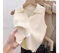 Gestricktes ärmelloses Tanktop für Damen mit Polokragen, leichtes Stretch-Baumwoll-Spandex-Mischgewebe (durchschnittliche Größe, Aprikose)