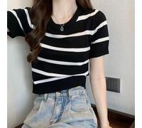 Gestricktes Crop Top für Damen mit kurzen Ärmeln und Streifenmuster, geeignet für Schichten bei warmem Wetter (schwarz)