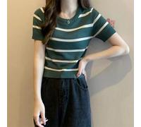 Gestricktes Crop Top für Damen mit kurzen Ärmeln und Streifenmuster, geeignet für Schichten bei warmem Wetter (grün)