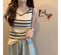 Gestricktes gestreiftes Camisole für Damen, Einheitsgröße, 1 Stück, ärmellos, V-Ausschnitt, hohe Dehnbarkeit, Freizeitkleidung für Sommer, Frühling, Herbst, Alltag, Urlaub, Club (Aprikose)
