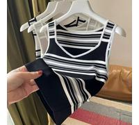 Gestricktes gestreiftes Camisole für Damen, Einheitsgröße, 1 Stück, ärmellos, V-Ausschnitt, hohe Dehnbarkeit, Freizeitkleidung für Sommer, Frühling, Herbst, Alltag, Urlaub, Club (schwarz)