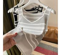 Gestricktes gestreiftes Camisole für Damen, Einheitsgröße, 1 Stück, ärmellos, V-Ausschnitt, hohe Dehnbarkeit, Freizeitkleidung für Sommer, Frühling, Herbst, Alltag, Urlaub, Club (grau)