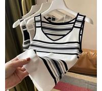 Gestricktes gestreiftes Camisole für Damen, Einheitsgröße, 1 Stück, ärmellos, V-Ausschnitt, hohe Dehnbarkeit, Freizeitkleidung für Sommer, Frühling, Herbst, Alltag, Urlaub, Club (weiß)