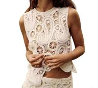 Gestricktes Häkel-Tanktop für Damen, ärmellos, mit zartem Spitzenbesatz und normaler Länge (Beige)