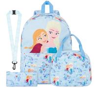 Get Trend Disney Frozen Cord Rucksack Kinder 4er Set, Kinderrucksack mit Schlüsselband, Federmäppchen und Isolierte Lunchtasche (Blau/Multi Frozen)