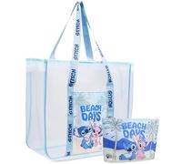 Get Trend Disney Stitch Große Strandtasche Damen Handtasche Mesh Tote Bag mit Kleiner Tasche Shopper Umhängetasche Strand Schwimmbad (Blau Stitch Angel)
