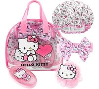 Get Trend Hello Kitty Kulturtasche Damen Set, 5-TLG, Duschhaube, Haarband, Haarbürste & Dusch Schwamm Sanrio Geschenke für Frauen, Kinder & Teenager (Rosa Hello Kitty)